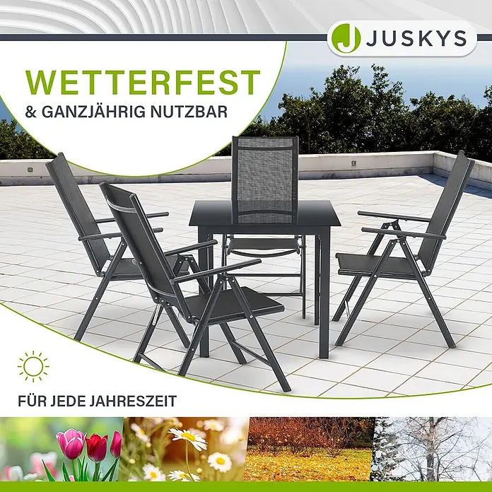 Juskys Gartentisch-Set Milano - L x B x H: 80 x 80 x 74 cm, Gestell: Pulverbeschichtetes Aluminium; Geflecht: Textilgewebe (100% Polyester, PVC-ummantelt); Tischplatten: 5mm Sicherheitsglas - Dunkelgraue Outdoor-Sitzgruppe mit Tisch und vier Klappstühlen, ganzjährig wetterfest.