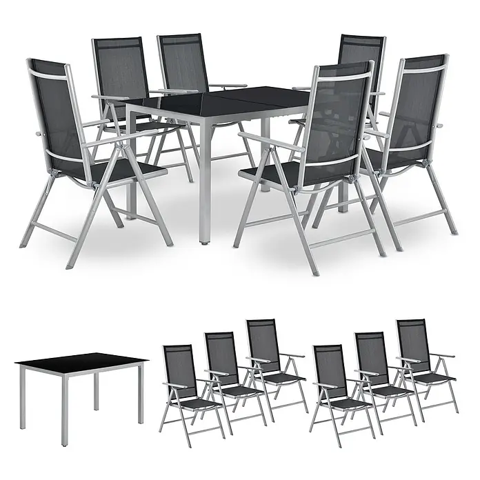 Juskys Gartentisch-Set Milano - L x B x H: 90 x 150 x 75 cm - Silbernes Aluminium Garten-Esstisch-Set mit schwarzer Glasplatte und sechs schwarzen Netzstühlen.