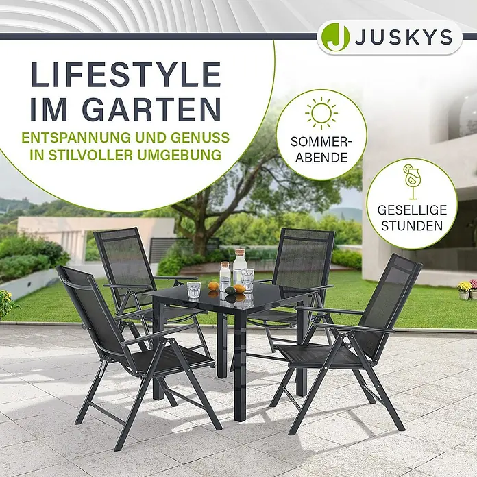 Juskys Gartentisch-Set Milano - L x B x H: 80 x 80 x 74 cm - Schwarze Garten-Sitzgruppe aus Metall mit vier Netzstühlen und quadratischem Tisch auf einer Terrasse, bereit zur Entspannung.