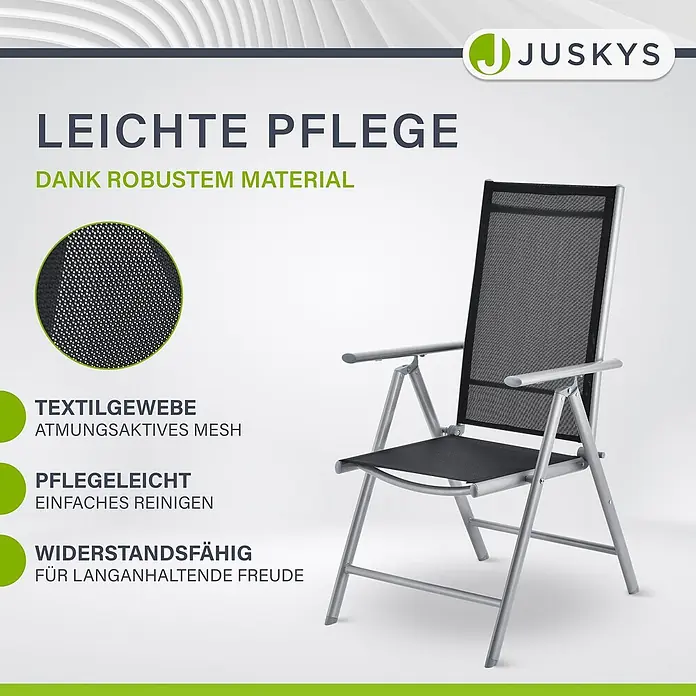 Juskys Gartentisch-Set Milano - L x B x H: 90 x 150 x 75 cm - Grauer Klappsessel mit Armlehnen, robustem Gestell und schwarzem atmungsaktivem Netzgewebe.