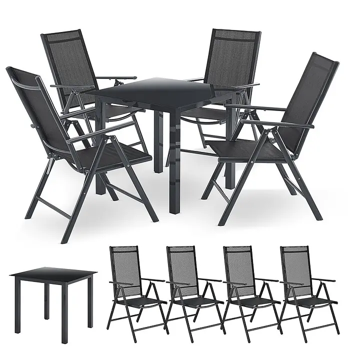 Juskys Gartentisch-Set Milano - L x B x H: 80 x 80 x 74 cm - Schwarzer quadratischer Gartentisch mit vier passenden schwarzen Klappstühlen aus Netzgewebe. Als Set und einzelne Artikel gezeigt.