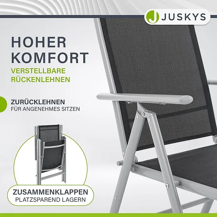 Juskys Gartentisch-Set Milano - L x B x H: 90 x 150 x 75 cm - Grauer Gartenstuhl mit schwarzer Netzbespannung, aufgestellt und zusammengeklappt für platzsparende Lagerung.
