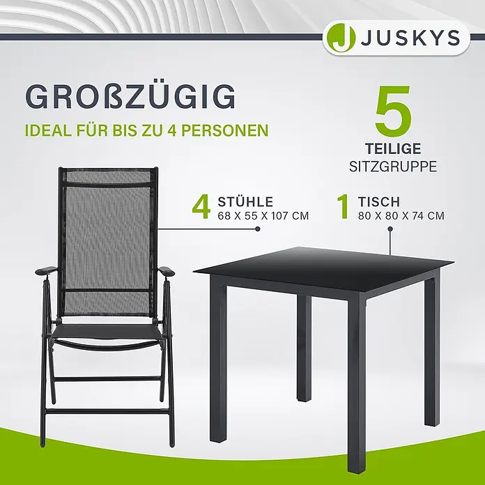Juskys Gartentisch-Set Milano - L x B x H: 80 x 80 x 74 cm - Schwarze 5-teilige Gartenmöbelgruppe mit quadratischem Tisch und 4 Klappstühlen.
