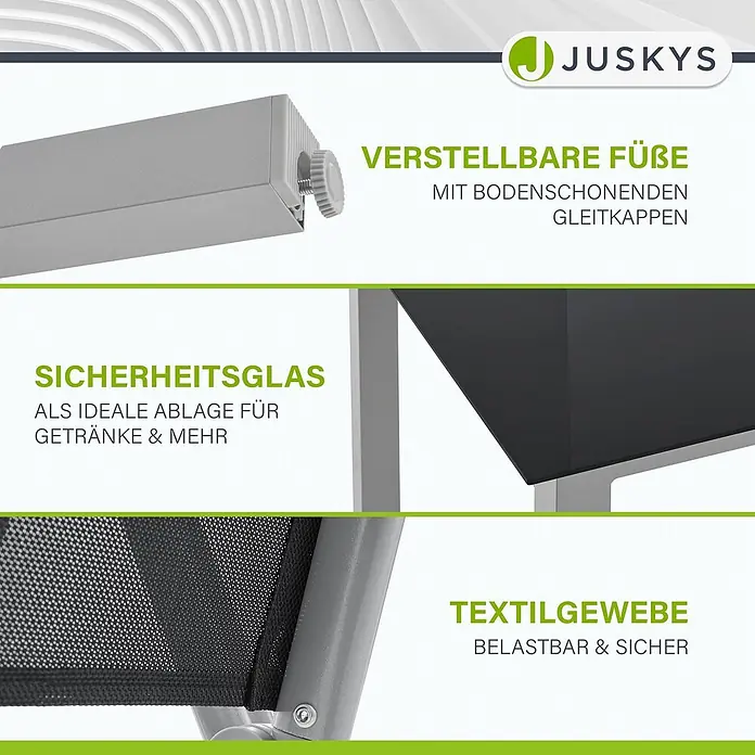 Juskys Gartentisch-Set Milano - L x B x H: 90 x 150 x 75 cm - Detaillierte Ansicht der Möbelmerkmale: verstellbarer Fuß, Tischplatte aus Sicherheitsglas und strapazierfähiges Textilgewebe.