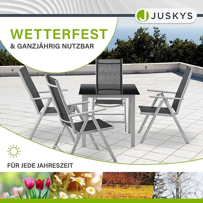 Juskys Gartentisch-Set Milano - L x B x H: 80 x 80 x 74 cm, Gestell: Pulverbeschichtetes Aluminium; Geflecht: Textilgewebe (100% Polyester, PVC-ummantelt); Tischplatten: 5mm Sicherheitsglas - Wetterfeste dunkelgraue Metall- und Netz-Gartentischgruppe mit vier Stühlen und einem Tisch, ganzjährig nutzbar.