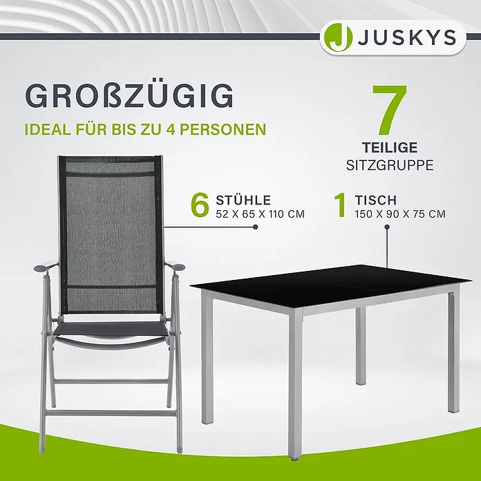 Juskys Gartentisch-Set Milano - L x B x H: 90 x 150 x 75 cm - Grauer Gartenstuhl und schwarzer Tisch, Teil einer 7-teiligen Sitzgruppe.
