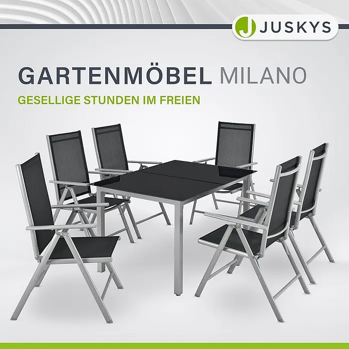 Juskys Gartentisch-Set Milano - L x B x H: 90 x 150 x 75 cm - Dunkelgraue Garten-Essgruppe: ausziehbarer Tisch und sechs Stühle mit silbernen Gestellen, schwarzen Stoffflächen.