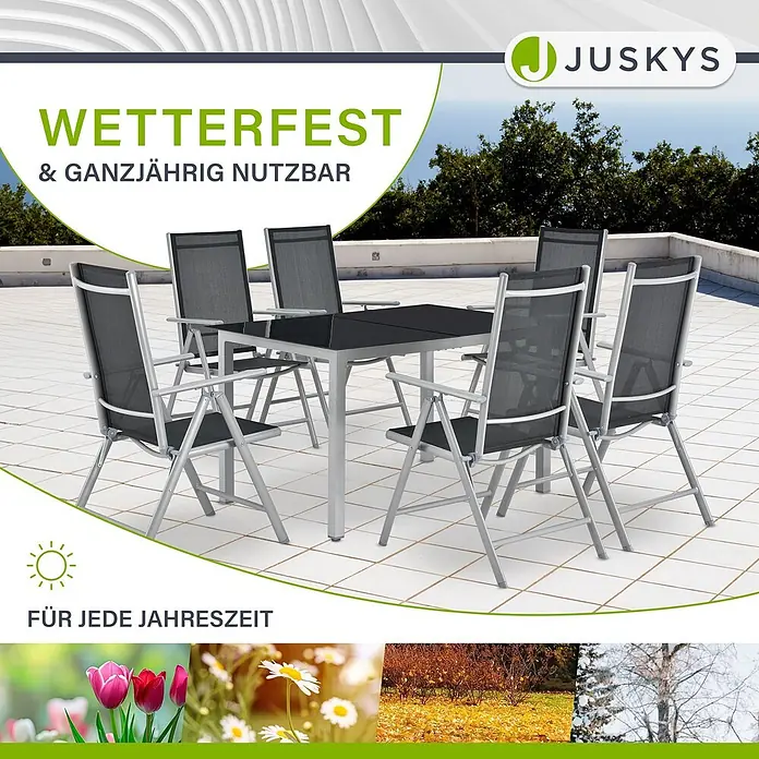 Juskys Gartentisch-Set Milano - L x B x H: 90 x 150 x 75 cm - Silber-dunkelgraues Outdoor-Esstisch-Set mit schwarzem Tisch und sechs Stühlen auf einer Terrasse, ganzjährig nutzbar.