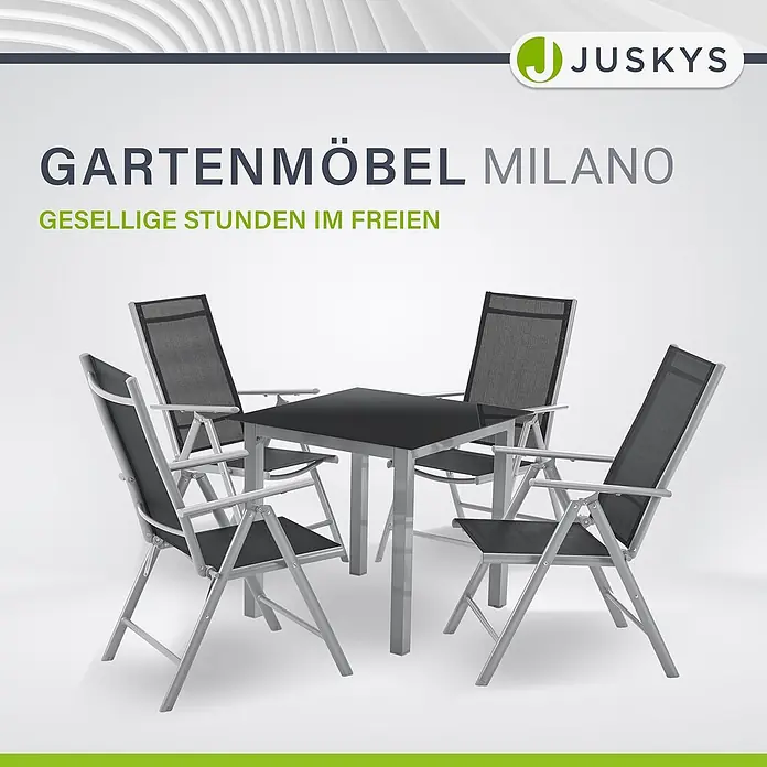 Juskys Gartentisch-Set Milano - L x B x H: 80 x 80 x 74 cm - Dunkelgrauer Metall-Gartentisch mit vier passenden dunkelgrauen Klappstühlen aus Stoff, für den Außenbereich.