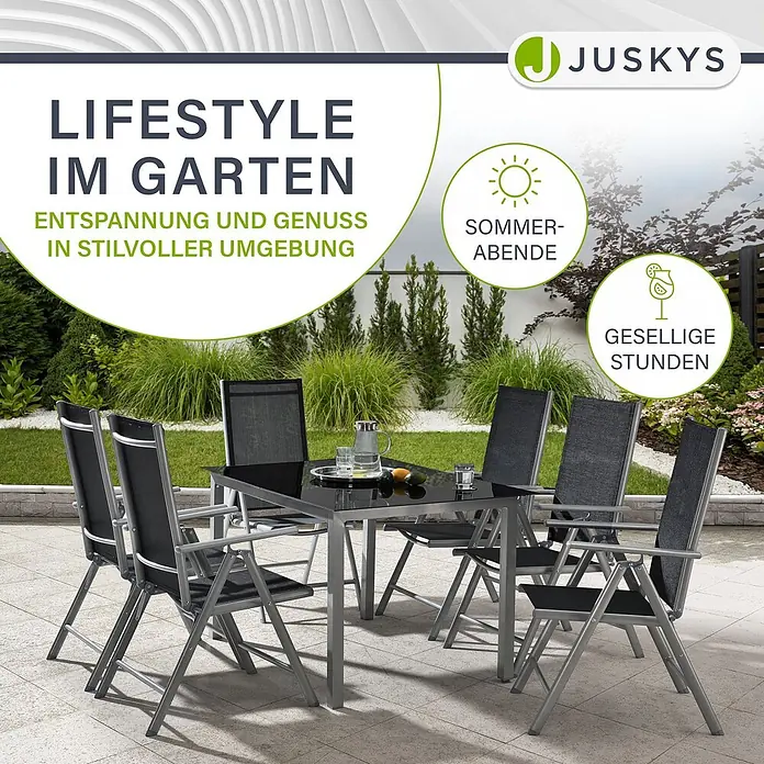 Juskys Gartentisch-Set Milano - L x B x H: 90 x 150 x 75 cm - Schwarze und graue Garten-Essgruppe mit Glastisch und sechs Stühlen auf einer Terrasse.