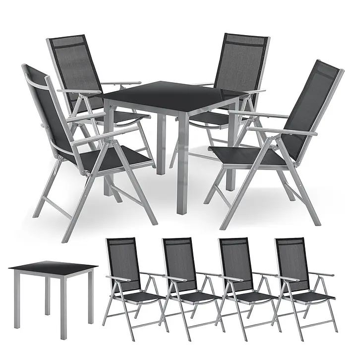 Juskys Gartentisch-Set Milano - L x B x H: 80 x 80 x 74 cm - Silbernes Garten-Essgruppe mit quadratischem Tisch und vier dunkelgrauen Netzstühlen, für den Außenbereich.
