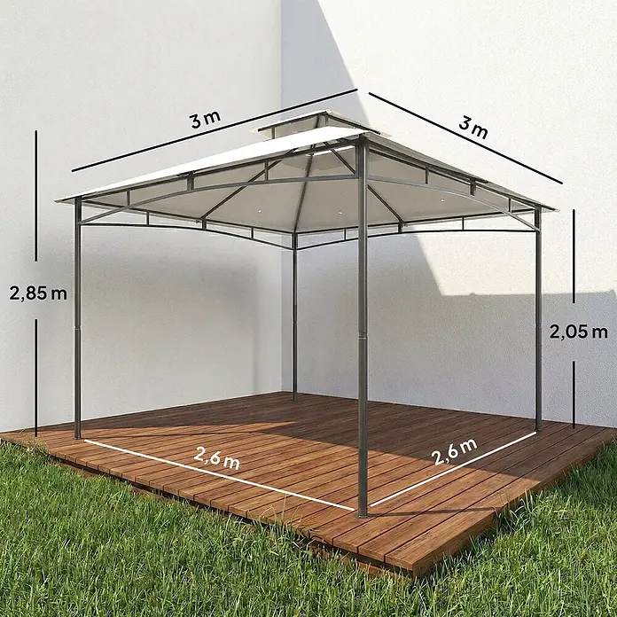Outsunny Standard-Pavillon - Farbe Gestell: Dunkelgrau, Metall - Weiß-grauer Pavillon mit Doppel-Dach auf Holzdeck. Maße: 3x3m Dach, 2.6x2.6m Boden, 2.85m Höhe.