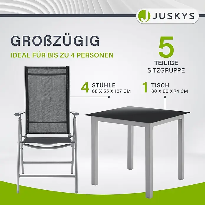 Juskys Gartentisch-Set Milano - L x B x H: 80 x 80 x 74 cm - Eine 5-teilige Garten-Sitzgruppe in Dunkelgrau, bestehend aus einem quadratischen Tisch und vier Stühlen.