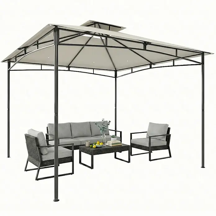 Outsunny Standard-Pavillon - Farbe Gestell: Dunkelgrau, Metall - Beiges Gartenpavillon mit dunklem Metallrahmen und grauer Outdoor-Sitzgruppe.