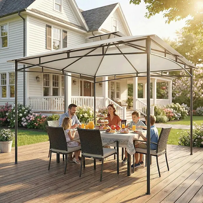 Outsunny Standard-Pavillon - Farbe Gestell: Dunkelgrau, Metall - Weißes Pavillon mit dunklem Rahmen schützt eine Familie beim Essen auf der Terrasse.