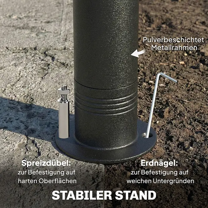 Outsunny Standard-Pavillon - Farbe Gestell: Dunkelgrau, Metall - Schwarzer pulverbeschichteter Metallrahmenfuß, gesichert mit Spreizdübeln für harte Oberflächen oder Erdnägeln für weiche Untergründe für stabilen Stand.