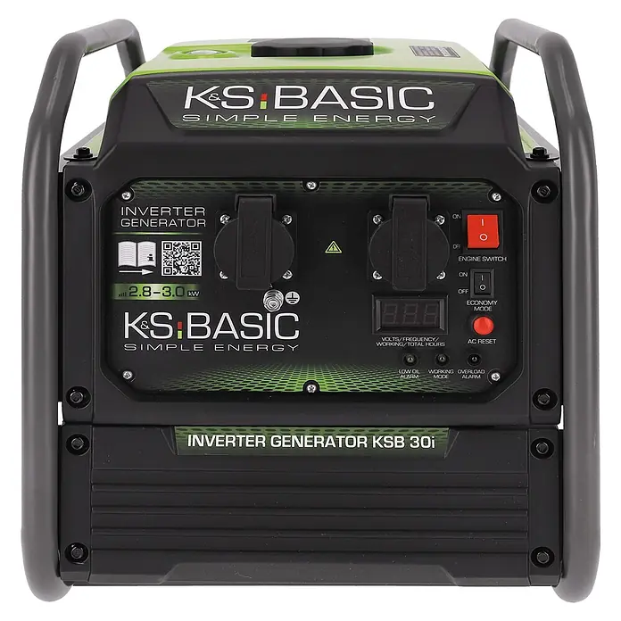 Könner & Söhnen Stromerzeuger KSB 30i - Nennleistung: 2,8 kW, Tankvolumen: 8 l - Schwarzer und grüner K&S Basic Inverter-Generator (KSB 30i) mit Bedienfeld, Display, Steckdosen und Griffen. Leistung: 2.8-3.0 kW.