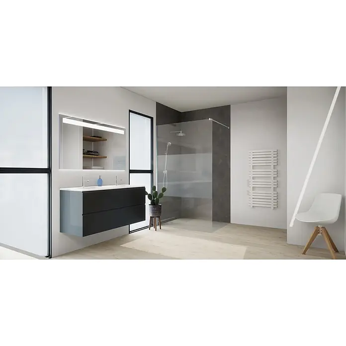 SanDesign Alu-Verbundplatte - 125 x 250 cm, Schiefer - Moderner dunkelgrauer Doppelwaschtisch mit zwei weißen Waschbecken und Chromarmaturen in einem zeitgenössischen Badezimmer.