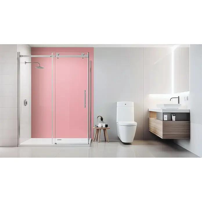 SanDesign Alu-Verbundplatte - 150 x 250 cm, Bright Pink - Eine moderne Duschkabine mit klaren Glaspaneelen und Chromrahmen in einem stilvollen Bad. Die Schiebetür spart Platz.