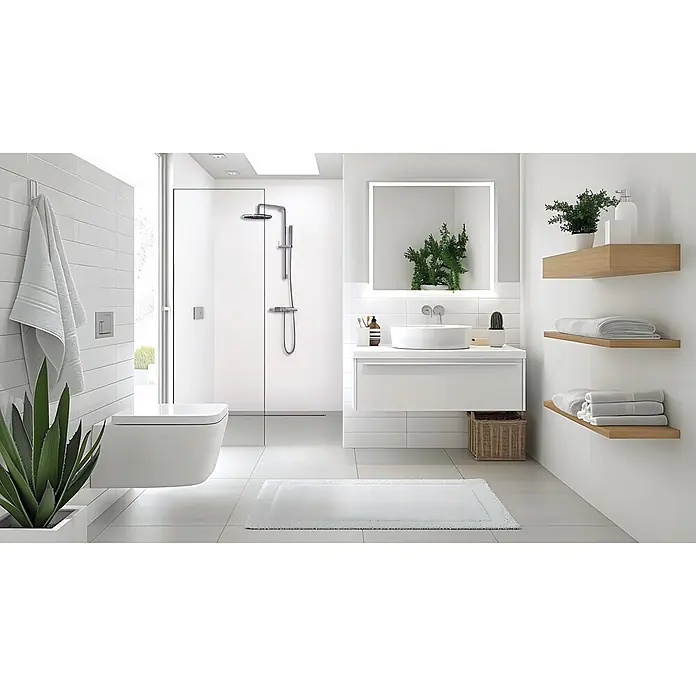 SanDesign Alu-Verbundplatte - 125 x 250 cm, White - Modernes weißes Bad mit wandhängendem WC, schwebendem Waschtisch, beleuchtetem Spiegel, Glasdusche und Holzregalen.