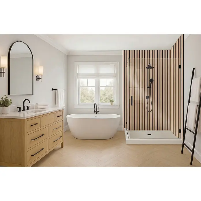 SanDesign Alu-Verbundplatte - 125 x 250 cm, Scandi Light - Modernes Badezimmer mit hellem Holzwaschtisch, freistehender Wanne und Dusche mit Holzlattenwand und mattschwarzen Armaturen.