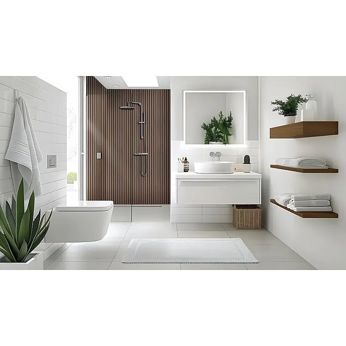 SanDesign Alu-Verbundplatte - 150 x 250 cm, Scandi Dark - Modernes, minimalistisches Badezimmer mit weißen Fliesen, Holzlamellen-Dusche, weißen Armaturen und Pflanzenakzenten.