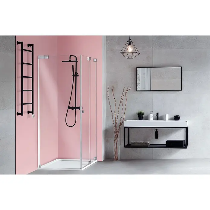 SanDesign Alu-Verbundplatte - 125 x 250 cm, Bright Pink - Modernes Badezimmer mit Glasdusche und schwarzen Armaturen, einem schwarzen Leiter-Handtuchwärmer und einem minimalistischen Waschtisch mit schwarzem Wasserhahn.