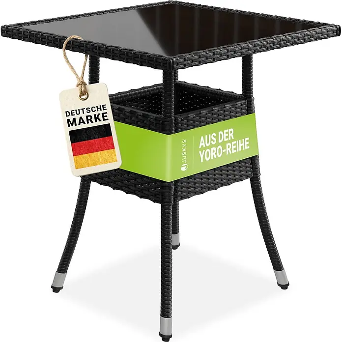 Juskys Gartentisch Yoro - L x B x H: 60 x 60 x 73 cm, Polyrattan, schwarz - Schwarzer Polyrattan Gartentisch mit quadratischer Glasplatte und Ablagefläche, 'Deutsche Marke' Etikett und 'JUSKYS YORO-REIHE' Band.