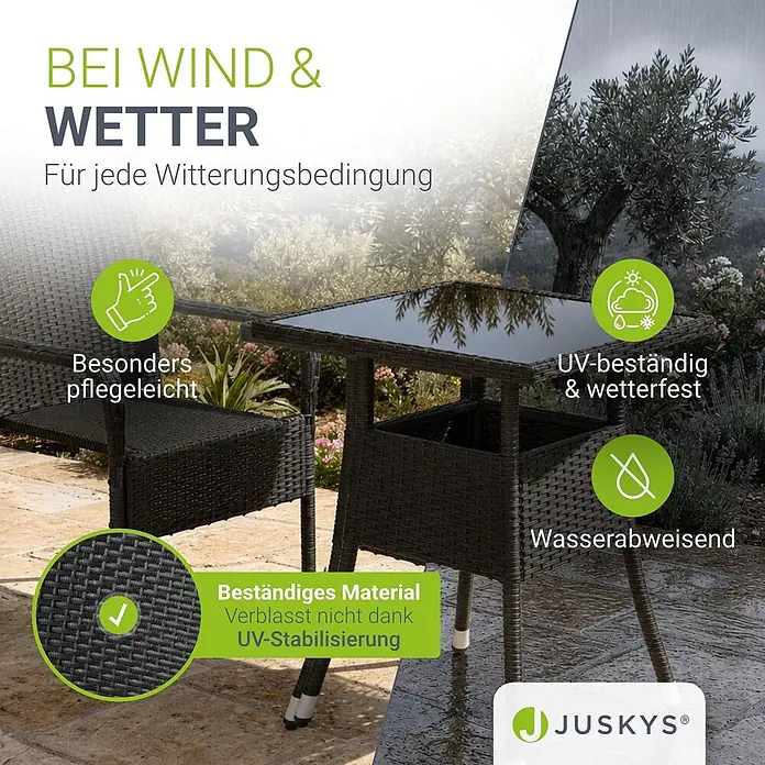 Juskys Gartentisch Yoro - L x B x H: 60 x 60 x 73 cm, Polyrattan, schwarz - Dunkelbraune Rattan-Gartenmöbelgarnitur, UV- & wetterfest, wasserabweisend und pflegeleicht für alle Bedingungen.