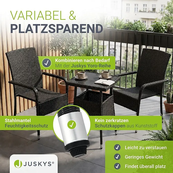 Juskys Gartentisch Yoro - L x B x H: 60 x 60 x 73 cm, Polyrattan, schwarz - Dunkles Rattan-Balkonmöbelset (zwei Stühle, ein Tisch) auf einem Balkon. Spart Platz, ist kombinierbar und hat schützende Fußkappen.
