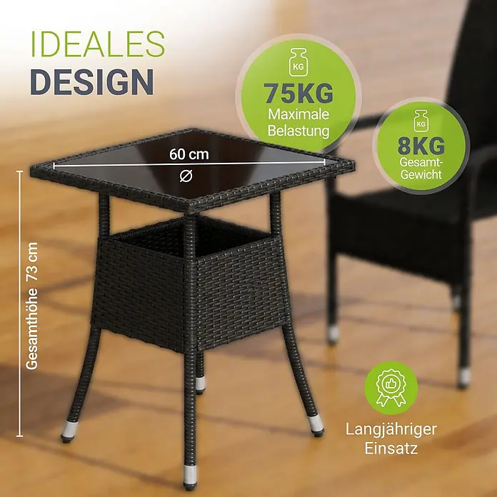 Juskys Gartentisch Yoro - L x B x H: 60 x 60 x 73 cm, Polyrattan, schwarz - Dunkelbrauner Rattan-Beistelltisch mit Glasplatte und integriertem Ablagefach.