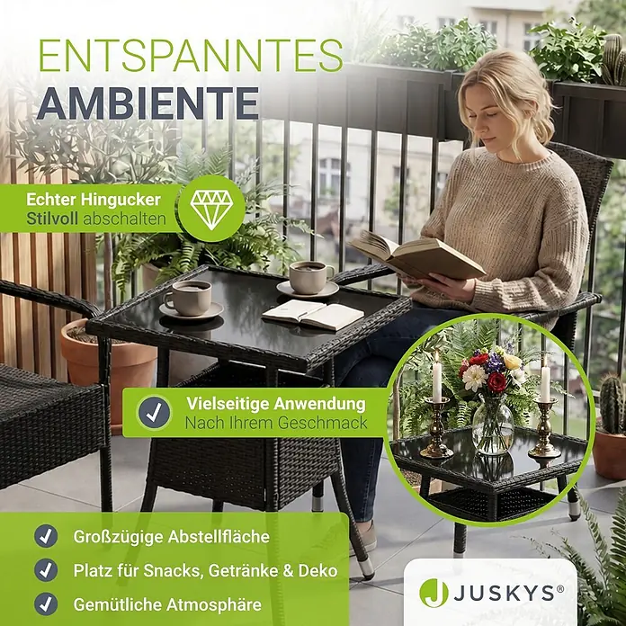 Juskys Gartentisch Yoro - L x B x H: 60 x 60 x 73 cm, Polyrattan, schwarz - Rattan-Balkonmöbel-Set mit Glasplatte, bestehend aus Tisch und Stühlen, in dunklem Geflecht. Ideal zum Entspannen im Freien.