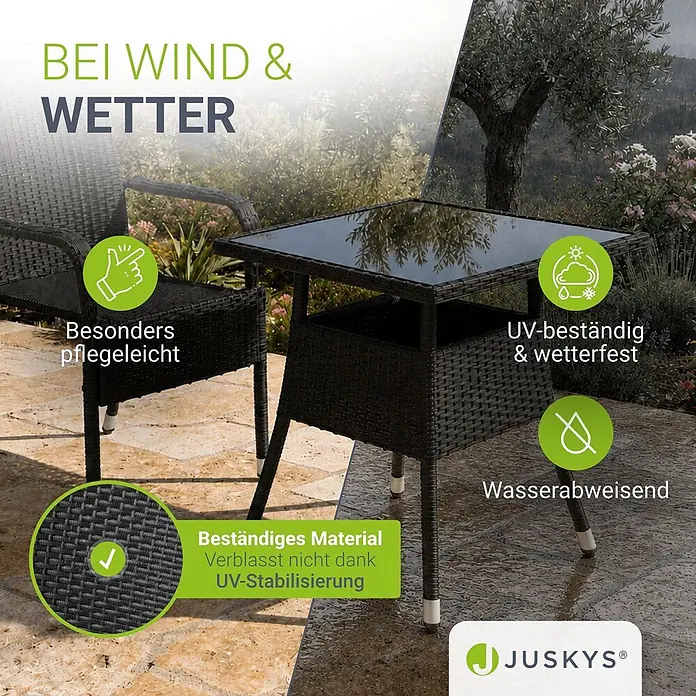 Juskys Gartentisch Yoro - L x B x H: 80 x 80 x 73 cm, Polyrattan, Schwarz - Dunkle Rattan-Optik Outdoor-Sitzgruppe, bestehend aus Stuhl und Tisch mit Glasplatte, wetterfest für Garten oder Terrasse.