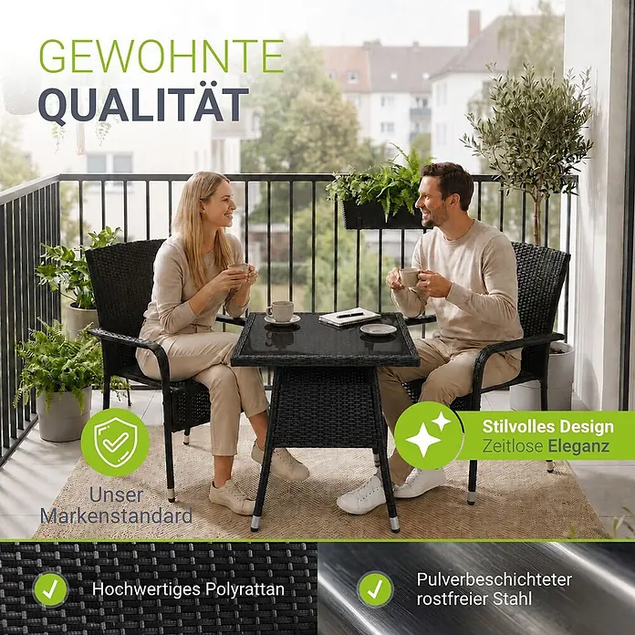 Juskys Gartentisch Yoro - L x B x H: 80 x 80 x 73 cm, Polyrattan, Schwarz - Schwarzes Polyrattan-Bistro-Set mit Tisch und zwei Stühlen auf einem Balkon. Aus hochwertigem Polyrattan und pulverbeschichtetem Edelstahl.