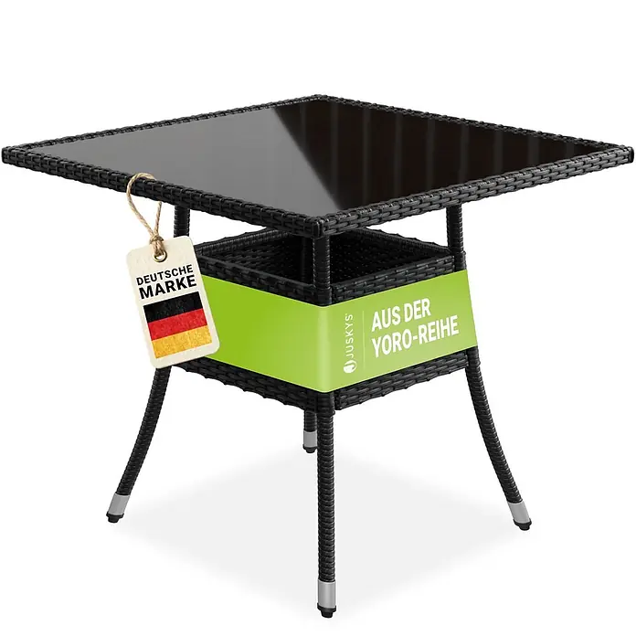 Juskys Gartentisch Yoro - L x B x H: 80 x 80 x 73 cm, Polyrattan, Schwarz - Quadratischer Gartentisch aus schwarzem Rattan mit Glasplatte und silbernen Beinabschlüssen.