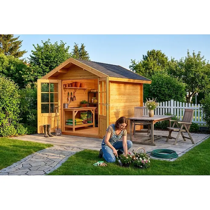 Alpholz Gartenhaus ECO Set Palma imprägniert 28mm Wandstärke - Außenmaß inkl. Dachüberstand (B x T): 260 x 261 cm, Holz, Pinie - Natürliches Holzgartenhaus mit offenen Türen, ausgestattet mit einem Pflanztisch und Werkzeugen, in einem grünen Garten.