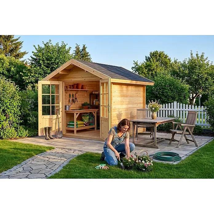 Alpholz Gartenhaus ECO Set Palma 28mm Wandstärke - Außenmaß inkl. Dachüberstand (B x T): 260 x 261 cm, Holz, Naturbelassen - Gartenhaus aus Holz mit dunklem Dach, Stauraum und Pflanzbereich. Eine Frau gärtnert davor.