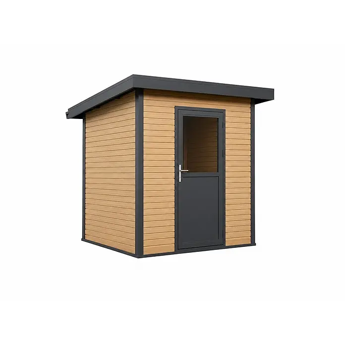 Linholm Gartenhaus Linia 2020 inkl. Dachrinnen-Set, Natur-Beige/Anthrazit - Außenmaß inkl. Dachüberstand (B x T): 280 x 280 cm, Natur-Beige/Anthrazit - Moderner Gartenschuppen mit heller Holzverkleidung und dunkelgrauem Rahmen und Tür.