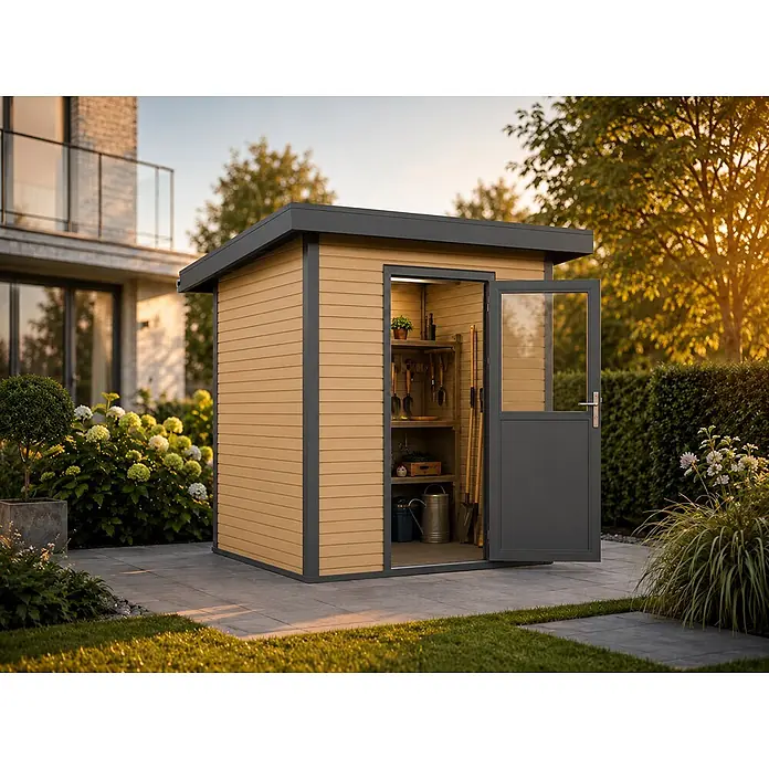 Linholm Gartenhaus Linia 2020 inkl. Dachrinnen-Set, Natur-Beige/Anthrazit - Außenmaß inkl. Dachüberstand (B x T): 280 x 280 cm, Natur-Beige/Anthrazit - Moderner Gartenhaus mit heller Holzoptik und dunkelgrauen Akzenten, Tür offen zeigt organisierte Gartengeräte.
