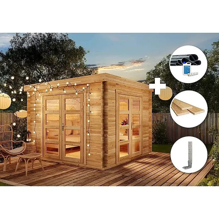 Alpholz Gartenhaus ECO Set Paloma Beach - Außenmaß inkl. Dachüberstand (B x T): 298 x 298 cm, Holz, Naturbelassen - Hölzernes Gartenhaus mit Glastüren, plus Kreise mit Baumaterialien wie Rohren, Holzbrettern, Beize und einem Metallwinkel.