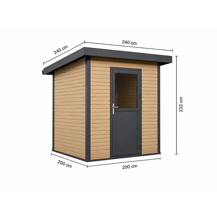Linholm Gartenhaus Linia 2020 inkl. Dachrinnen-Set, Natur-Beige/Anthrazit - Außenmaß inkl. Dachüberstand (B x T): 280 x 280 cm, Natur-Beige/Anthrazit - Gartenschuppen aus Holz mit dunkelgrauen Zierleisten und Tür, 200x200x232 cm.
