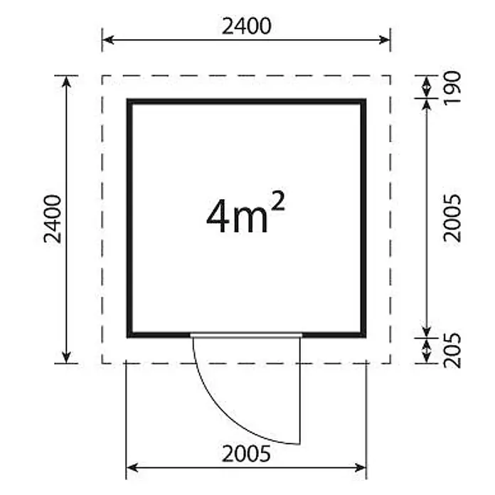 Linholm Gartenhaus Linia 2020 inkl. Dachrinnen-Set, Natur-Beige/Anthrazit - Außenmaß inkl. Dachüberstand (B x T): 280 x 280 cm, Natur-Beige/Anthrazit - Grundriss eines quadratischen Gebäudes, 2400x2400mm, mit 4m² Innenfläche und einer Tür.