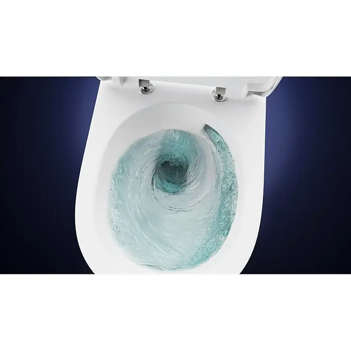 Villeroy & Boch Wand-WC-Set Targa Twist Flush - Spülrandlos, Ohne Spezialglasur, Spülform: Tief, WC Abgang: Waagerecht, Weiß - Weißes Keramik-WC mit geöffnetem Deckel, Wasser wirbelt im Becken beim Spülvorgang.