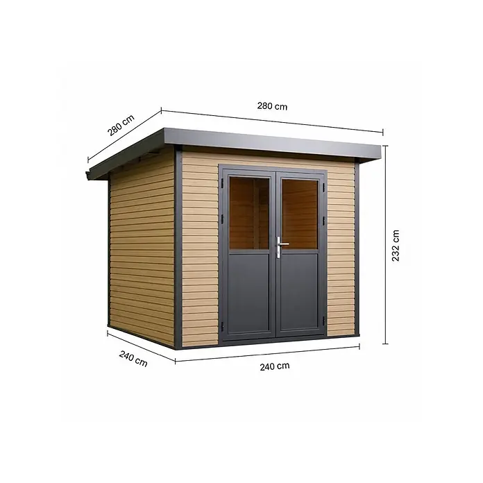 Linholm Gartenhaus Linia 2424 inkl. Dachrinnen-Set, Natur-Beige/Anthrazit - Außenmaß inkl. Dachüberstand (B x T): 280 x 280 cm, Natur-Beige/Anthrazit - Gartenschuppen in Holzoptik mit dunkelgrauen Türen, inklusive Außenmaßen.