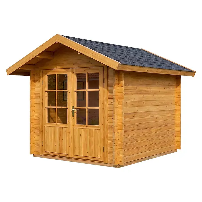 Alpholz Gartenhaus Palma 28mm Wandstärke - Außenmaß inkl. Dachüberstand (B x T): 260 x 261 cm, Holz, Pinie - Natürliches Gartenhaus aus Holz mit dunkelgrauem Schindeldach und doppelten Glastüren.