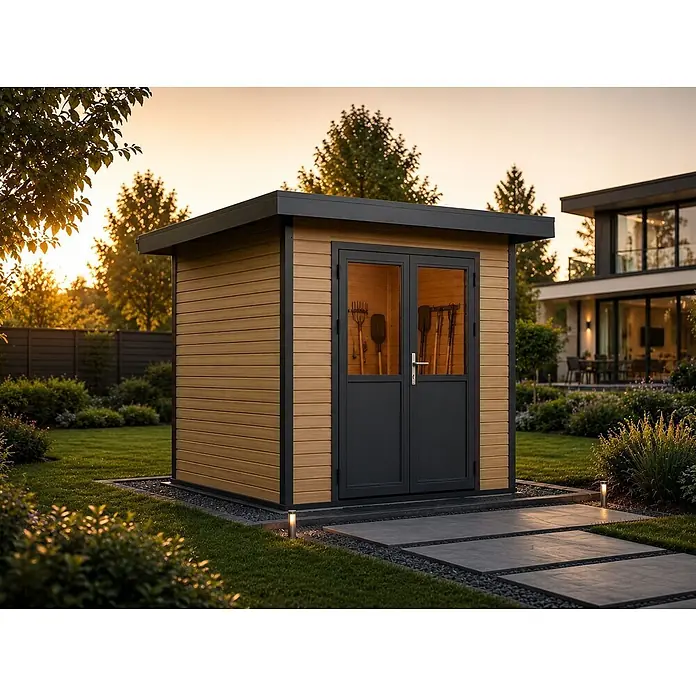 Linholm Gartenhaus Linia 2424 inkl. Dachrinnen-Set, Natur-Beige/Anthrazit - Außenmaß inkl. Dachüberstand (B x T): 280 x 280 cm, Natur-Beige/Anthrazit - Moderner Geräteschuppen mit heller Holzverkleidung und dunklen Glastüren, Gartenwerkzeuge sichtbar, in einem gepflegten Garten.