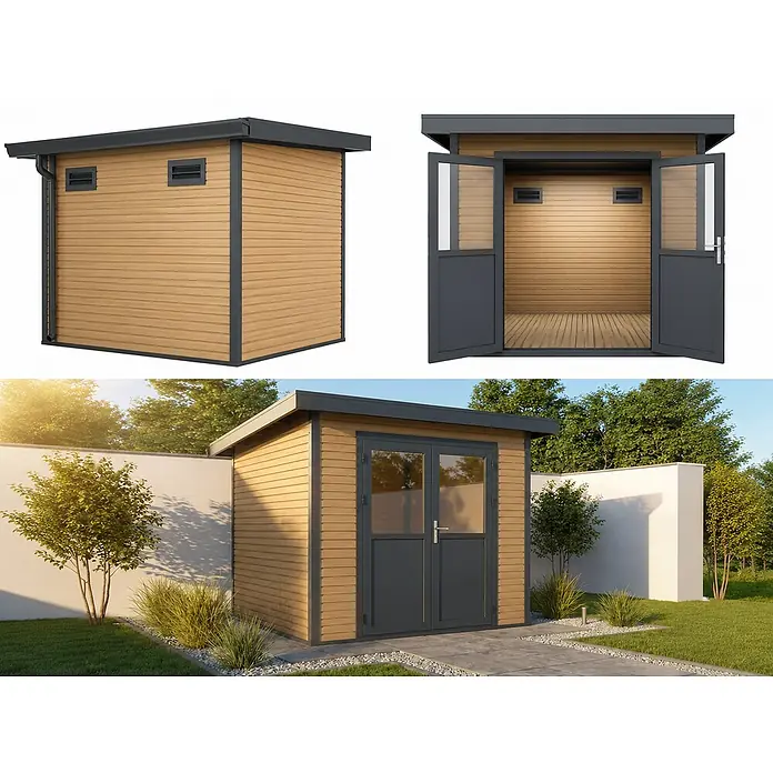 Linholm Gartenhaus Linia 2424 inkl. Dachrinnen-Set, Natur-Beige/Anthrazit - Außenmaß inkl. Dachüberstand (B x T): 280 x 280 cm, Natur-Beige/Anthrazit - Moderner Gartenhaus mit Holzoptik-Paneelen und dunkelgrauen Akzenten, Dach und Türen. Zeigt Außenansicht, Innenraum und Garten.
