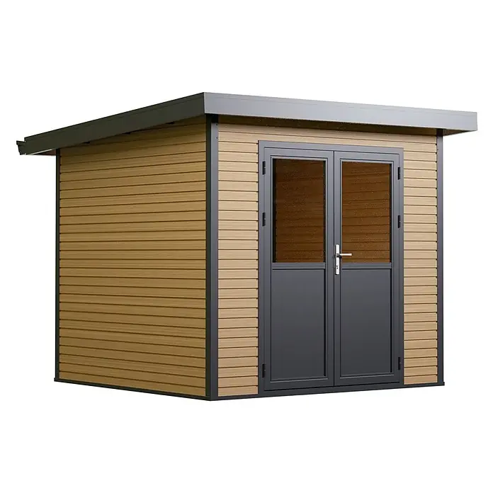 Linholm Gartenhaus Linia 2424 inkl. Dachrinnen-Set, Natur-Beige/Anthrazit - Außenmaß inkl. Dachüberstand (B x T): 280 x 280 cm, Natur-Beige/Anthrazit - Modernes Gartenhaus mit hellbrauner Holzoptik-Verkleidung und dunkelgrauem Rahmen mit Doppeltüren.