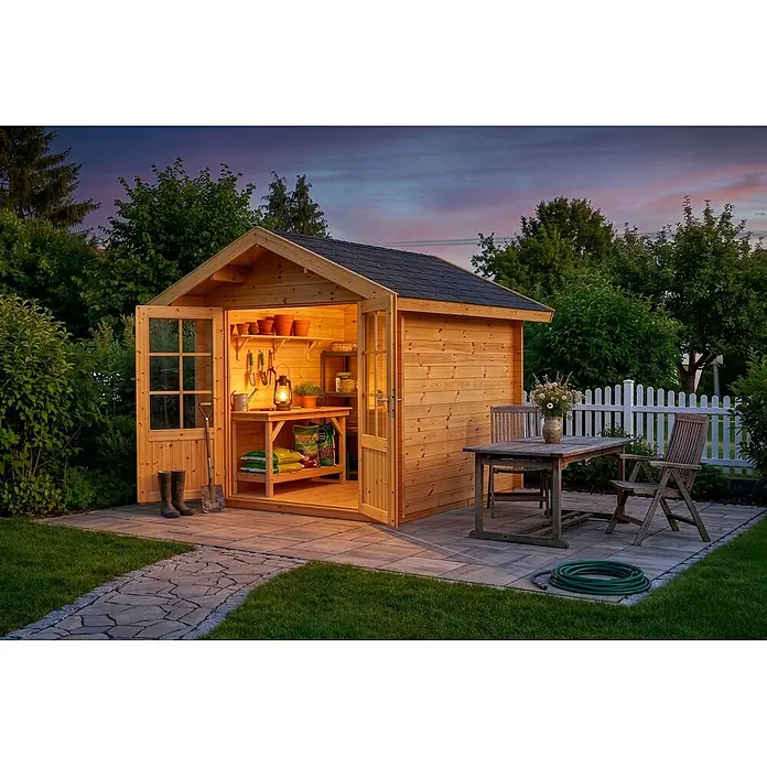 Alpholz Gartenhaus Palma 28mm Wandstärke - Außenmaß inkl. Dachüberstand (B x T): 260 x 261 cm, Holz, Pinie - Gemütlicher Holz-Gartenschuppen mit beleuchtetem Innenraum, voller Gartenbedarf und Werkzeugen, im Garten bei Dämmerung.