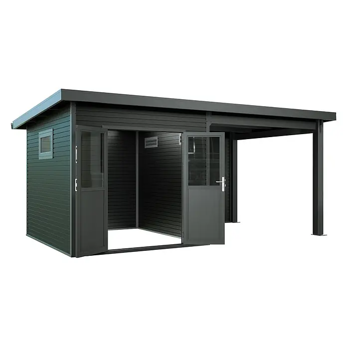 Linholm Gartenhaus Linia 5228 mit Anbaudach und Rückwand, inkl. Dachrinnen-Set, Anthrazit - Außenmaß inkl. Dachüberstand (B x T): 560 x 330 cm, Anthrazit - Dunkelgrauer Geräteschuppen mit integriertem Carport. Verfügt über ein Fenster und Doppeltüren.